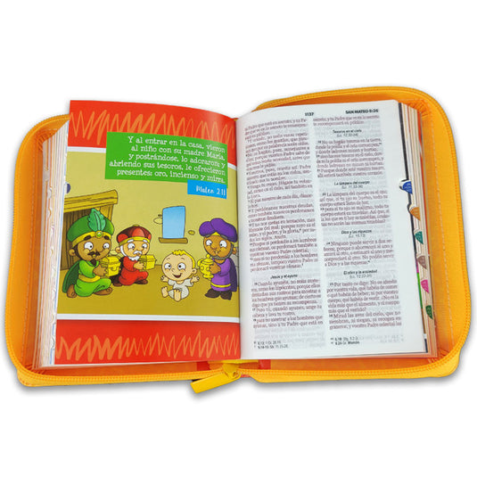 Biblia para niños de bolsillo Mi gran viaje RVR 1960, con índice, Cierre zíper, imitación piel naranja