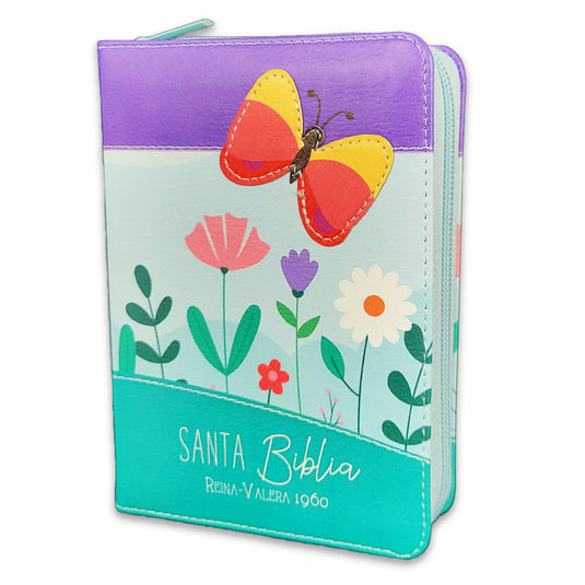 Biblia de Bolsillo RVR 1960, Cierre zíper, imitación piel lila/azul/turquesa mariposa