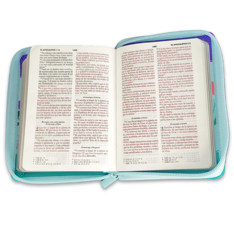 Cargue la imagen en el visor de la galería, Biblia de Bolsillo RVR 1960, Cierre zíper, imitación piel lila/azul/turquesa mariposa
