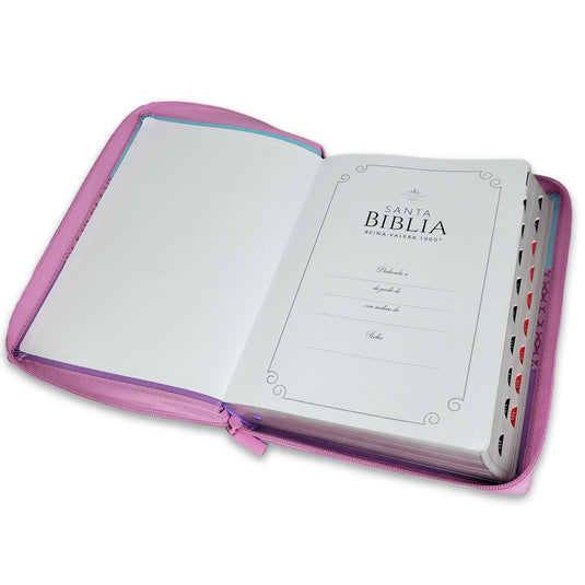 Biblia RVR 1960, Cierre zíper, Letra Gigante, con índice, imitación piel azul/rosa/lila