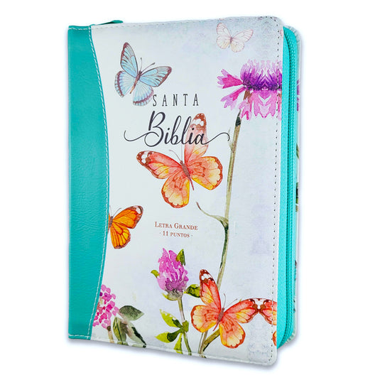 Biblia RVR 1960, Tamaño portátil, Cierre zíper, con índice, Letra Grande, imitación piel turquesa mariposas