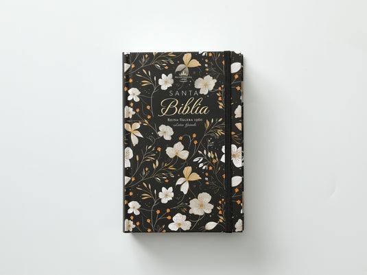 Biblia RVR 1960, Tamaño Manual, Letra Grande, tapa dura con elástico negra flores