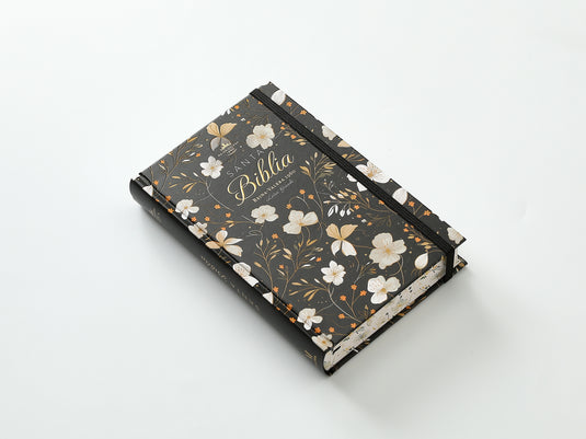 Biblia RVR 1960, Tamaño Manual, Letra Grande, tapa dura con elástico negra flores