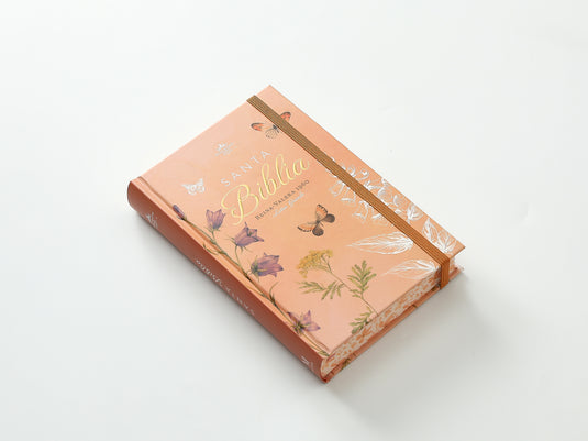 Biblia RVR 1960, Tamaño Manual, Letra Grande, tapa dura con elástico coral mariposas