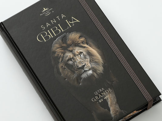 Biblia RVR 1960, Tamaño Manual, Letra Grande, tapa dura con elástico negra León de Judá