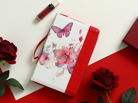 Biblia RVR 1960, Tamaño portátil, Cierre zíper, con índice, Letra Grande, imitación piel roja mariposa