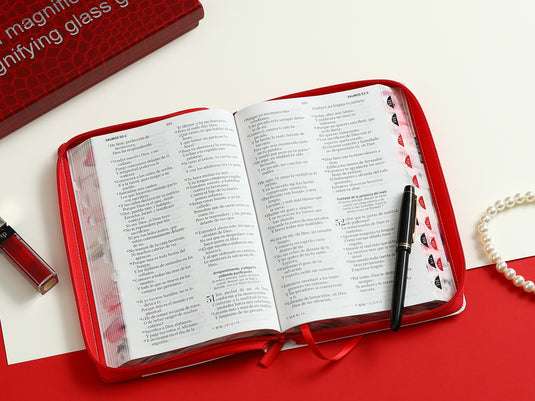 Biblia RVR 1960, Tamaño portátil, Cierre zíper, con índice, Letra Grande, imitación piel roja mariposa