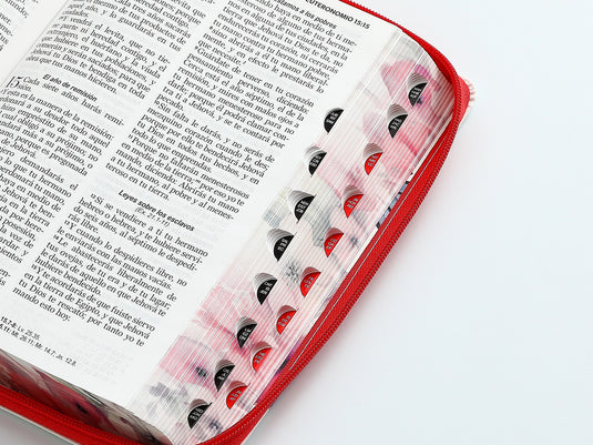 Biblia RVR 1960, Tamaño portátil, Cierre zíper, con índice, Letra Grande, imitación piel roja mariposa