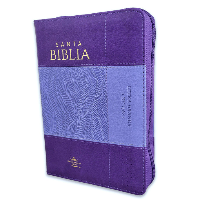 Biblia RVR 1960, Tamaño portátil, Cierre zíper, con índice, Letra Grande, imitación piel morada