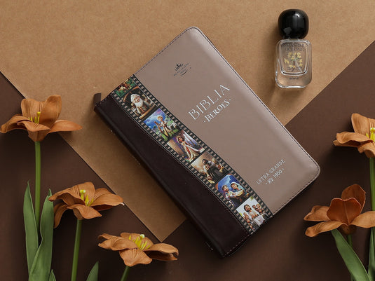 Biblia Héroes RVR 1960, Cierre zíper, Letra Grande, imitación piel café