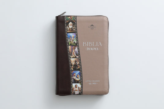 Biblia Héroes RVR 1960, Cierre zíper, Letra Grande, imitación piel café