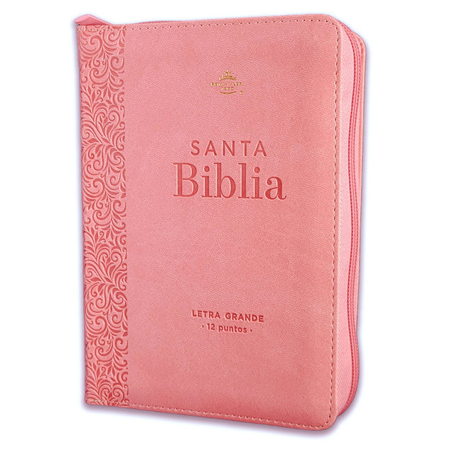 Biblia RVR60, Tamaño compacta, Cierre zíper, Letra Grande, símil piel rosada