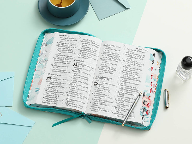 Cargue la imagen en el visor de la galería, Biblia RVR 1960, Cierre zíper, con índice, Letra Súper Gigante, imitación piel celeste jardín
