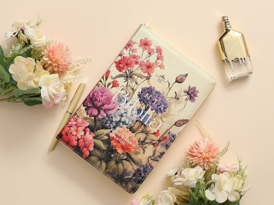 Biblia RVR 1960, Cierre zíper, con índice, Letra Súper Gigante, imitación piel beige Floral