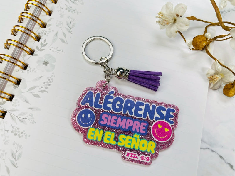 Cargue la imagen en el visor de la galería, Llavero con glitter Alégrense siempre en el Señor
