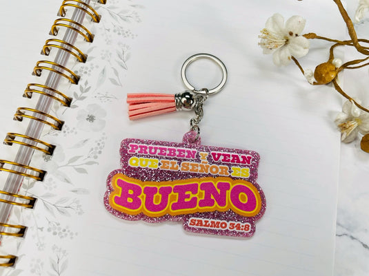 Llavero con glitter Prueben y vean que el Señor es Bueno