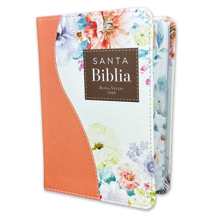 Biblia de Bolsillo RVR 1960, imitación piel naranja flores