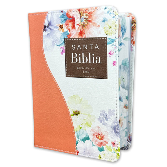 Biblia de Bolsillo RVR 1960, imitación piel naranja flores