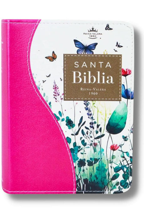 Biblia de Bolsillo RVR 1960, imitación piel fucsia flores y mariposas