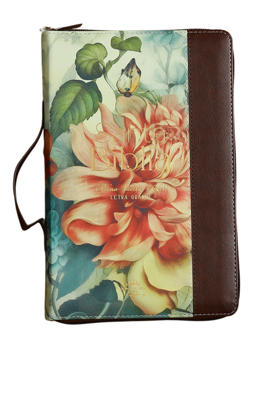 Biblia RVR 1960, Tamaño portátil, Cierre zíper, con índice, Letra Grande, imitación piel café flor