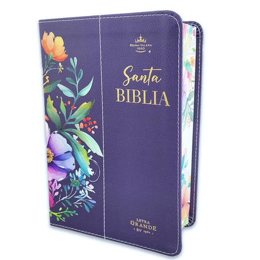 Biblia RVR 1960, Tamaño portátil, Letra Grande, imitación piel morada con flores