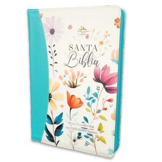 Biblia RVR 1960, Letra Súper Gigante, Cierre zíper, con índice, imitación piel celeste jardín