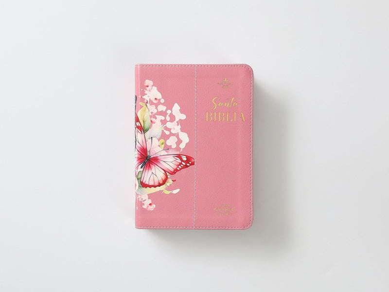 Cargue la imagen en el visor de la galería, Biblia RVR 1960, Tamaño portátil, Letra Grande, imitación piel rosada con mariposas
