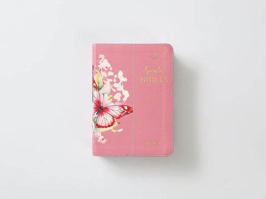 Biblia RVR 1960, Tamaño portátil, Letra Grande, imitación piel rosada con mariposas