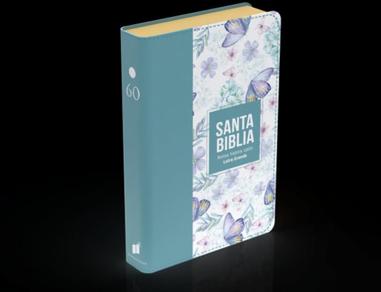 Biblia RVR 1960, Tamaño manual, Letra Grande, imitación piel turquesa mariposas y flores