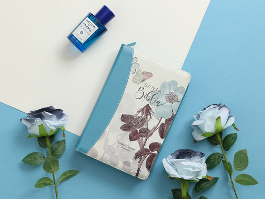 Biblia RVR 1960, Cierre zíper, Letra Gigante, imitación piel turquesa Flores