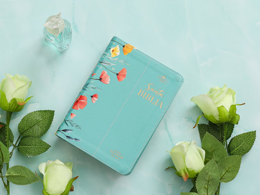 Biblia RVR 1960, Tamaño portátil, Letra Grande, imitación piel turquesa con flores