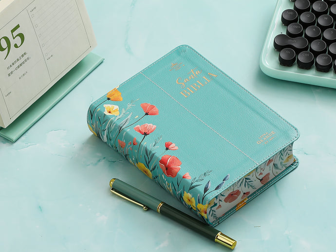 Biblia RVR 1960, Tamaño portátil, Letra Grande, imitación piel turquesa con flores