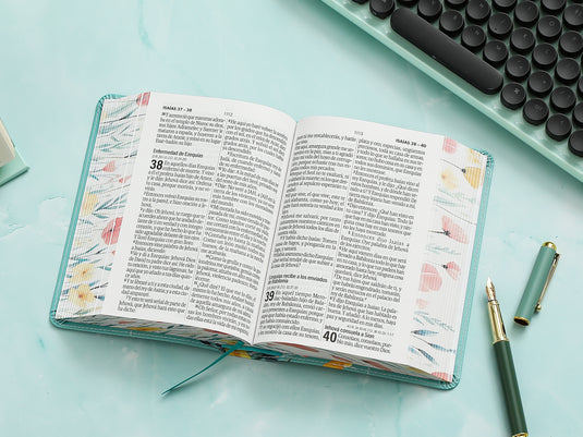 Biblia RVR 1960, Tamaño portátil, Letra Grande, imitación piel turquesa con flores
