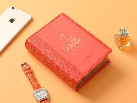 Biblia RVR 1960, Tamaño portátil, Letra Grande, imitación piel coral