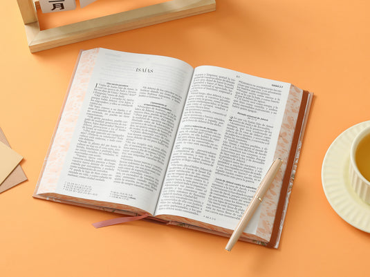 Biblia RVR 1960, Tamaño Manual, Letra Grande, tapa dura con elástico coral mariposas