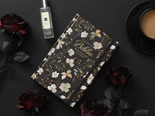 Biblia RVR 1960, Tamaño Manual, Letra Grande, tapa dura con elástico negra flores