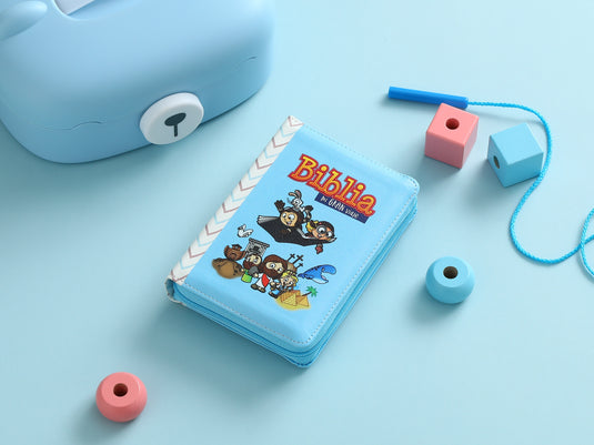 Biblia para niños de bolsillo Mi gran viaje RVR 1960, Cierre zíper, imitación piel celeste