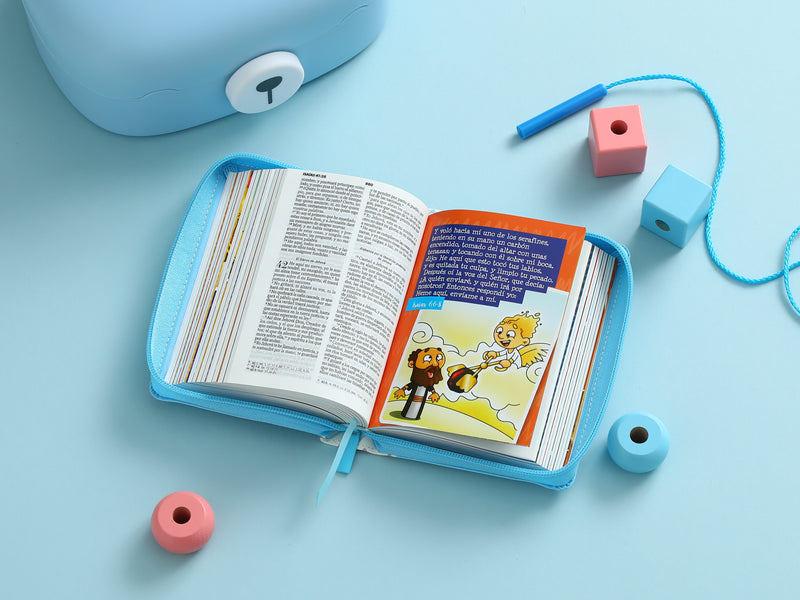 Cargue la imagen en el visor de la galería, Biblia para niños de bolsillo Mi gran viaje RVR 1960, Cierre zíper, imitación piel celeste
