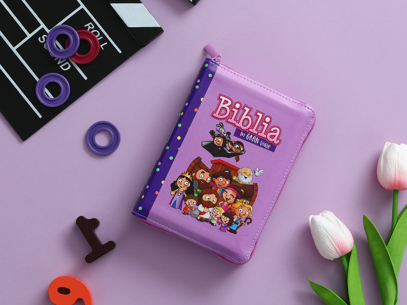 Cargue la imagen en el visor de la galería, Biblia para niños de bolsillo Mi gran viaje RVR 1960, Cierre zíper, imitación piel lila
