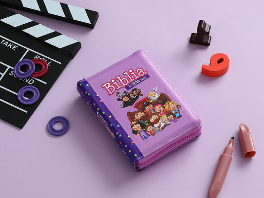 Biblia para niños de bolsillo Mi gran viaje RVR 1960, Cierre zíper, imitación piel lila