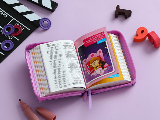Biblia para niños de bolsillo Mi gran viaje RVR 1960, Cierre zíper, imitación piel lila