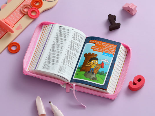 Biblia para niños de bolsillo Mi gran viaje RVR 1960, Cierre zíper, imitación piel rosada