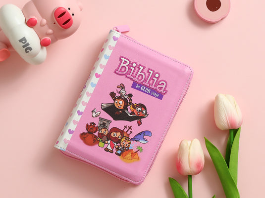 Biblia para niños de bolsillo Mi gran viaje RVR 1960, Cierre zíper, imitación piel rosada