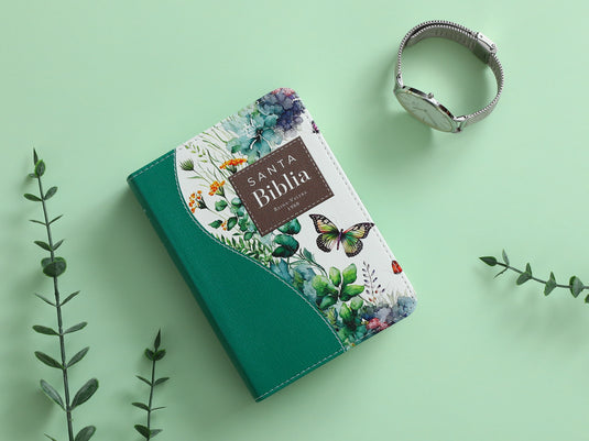 Biblia de Bolsillo RVR 1960, imitación piel verde flores y mariposas