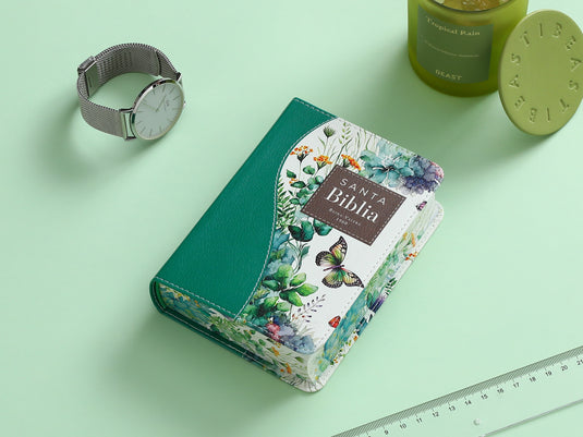 Biblia de Bolsillo RVR 1960, imitación piel verde flores y mariposas