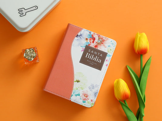 Biblia de Bolsillo RVR 1960, imitación piel naranja flores