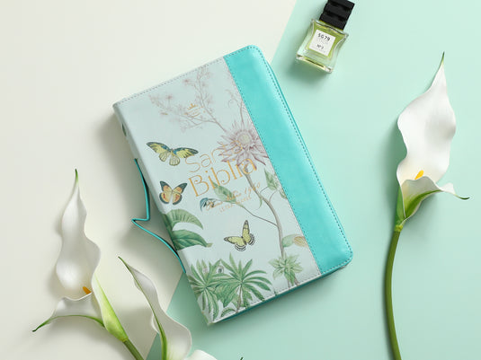Biblia RVR 1960, Tamaño portátil, Cierre zíper, con índice, Letra Grande, imitación piel menta mariposas