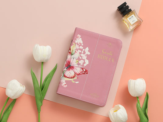 Biblia RVR 1960, Tamaño portátil, Letra Grande, imitación piel rosada con mariposas