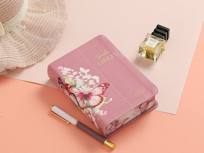 Biblia RVR 1960, Tamaño portátil, Letra Grande, imitación piel rosada con mariposas