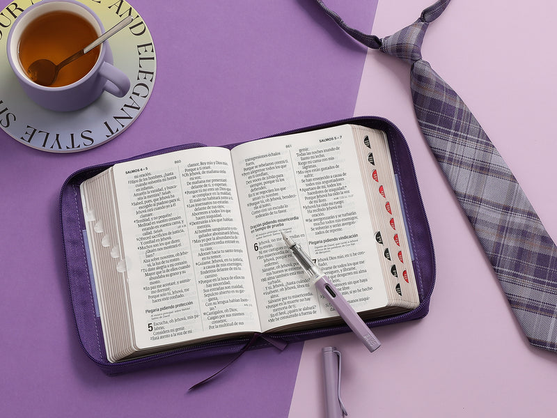 Cargue la imagen en el visor de la galería, Biblia RVR 1960, Tamaño portátil, Cierre zíper, con índice, Letra Grande, imitación piel morada
